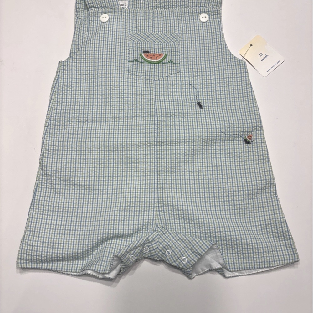 PETIT AMI ZU BOY ROMPER SIZE 12 MONTHS 
GREEN BLUE SEERSUCKER